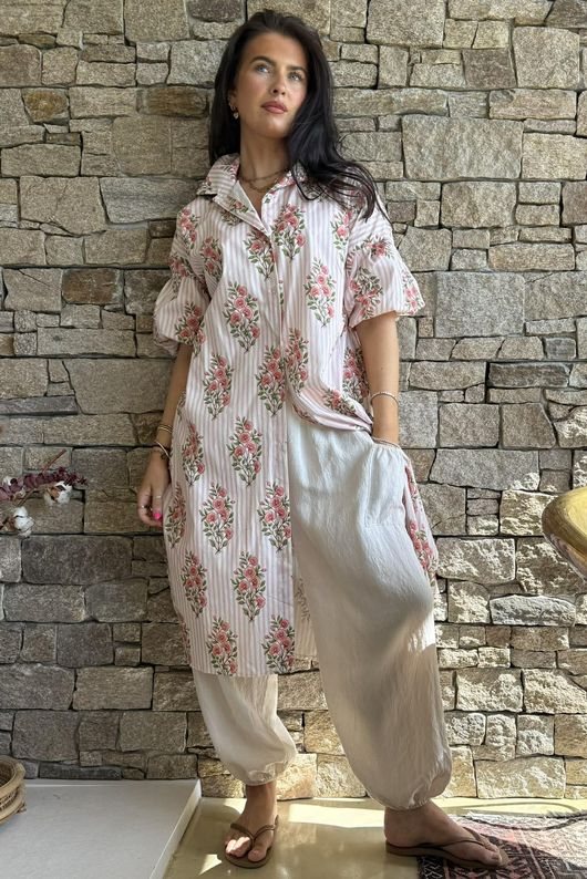 Mika Flower & Stripe Duster Shirt Pink